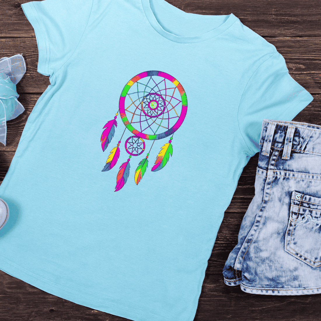 Colorful Rainbow Dreamcatcher T-Shirt Design preview image.