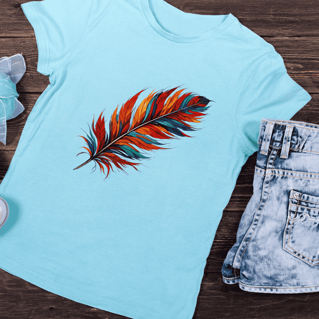 Vibrant Colorful Feather T-Shirt Design preview image.