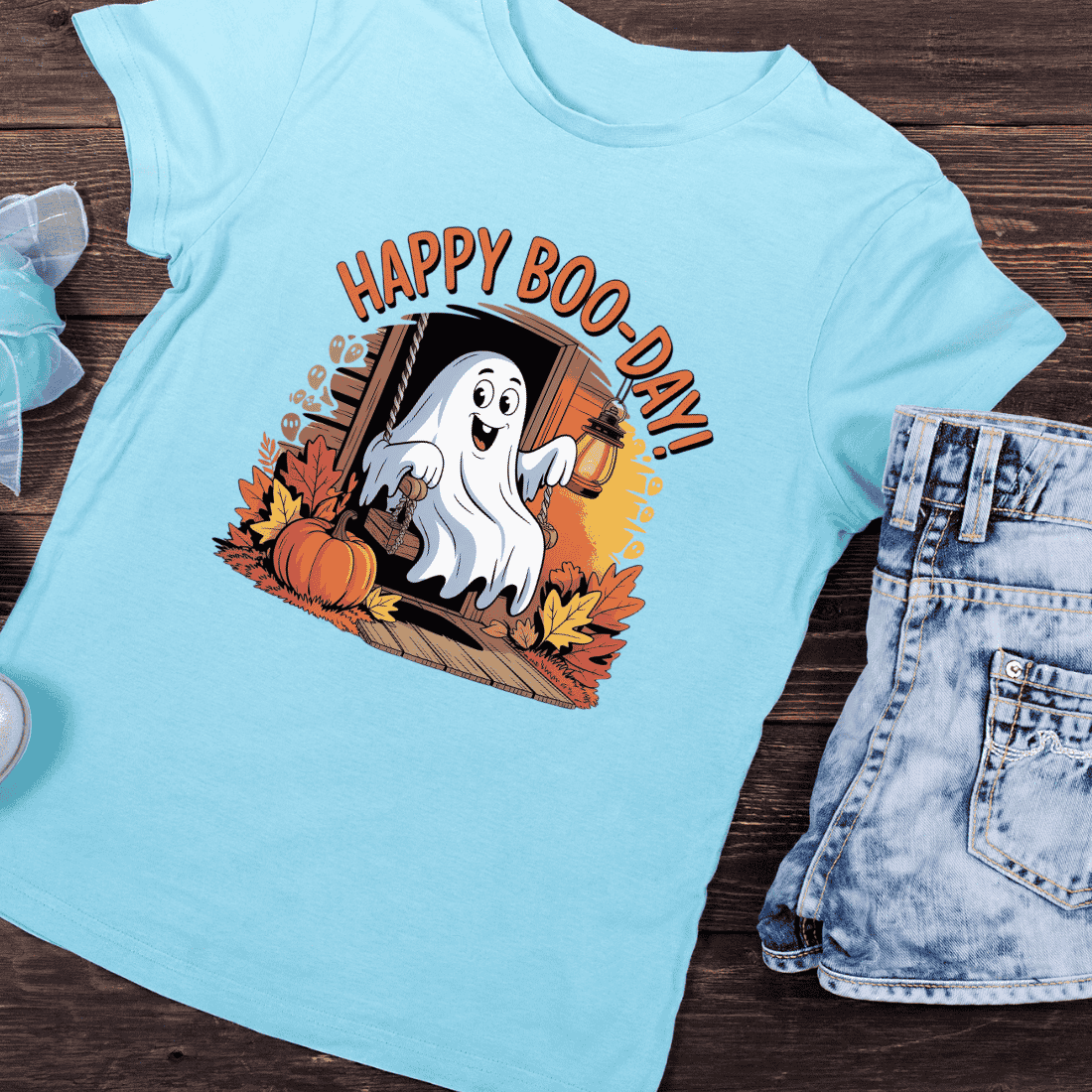 Happy Boo-Day Ghost Swing T-Shirt Design preview image.