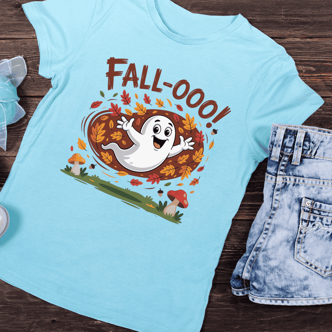 Pumpkin Leaves Ghost Happy Fall T-Shirt Design preview image.
