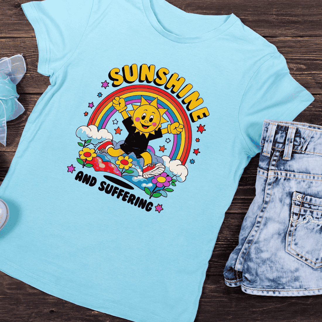 Sunshine and Suffering Retro Sun T-Shirt Design preview image.