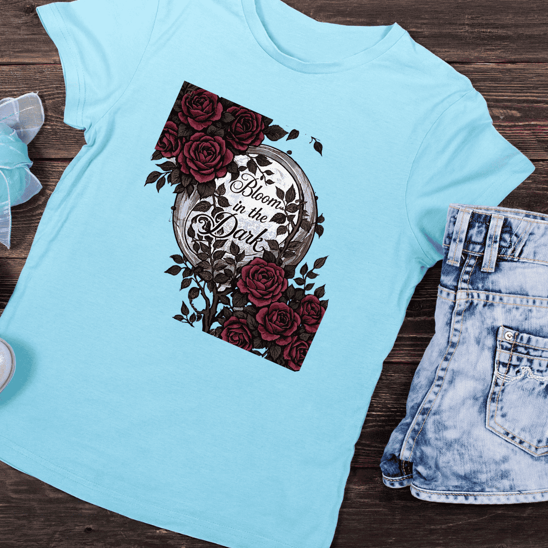 Bloom in the Dark Red Roses and Full Moon T-Shirt Design preview image.