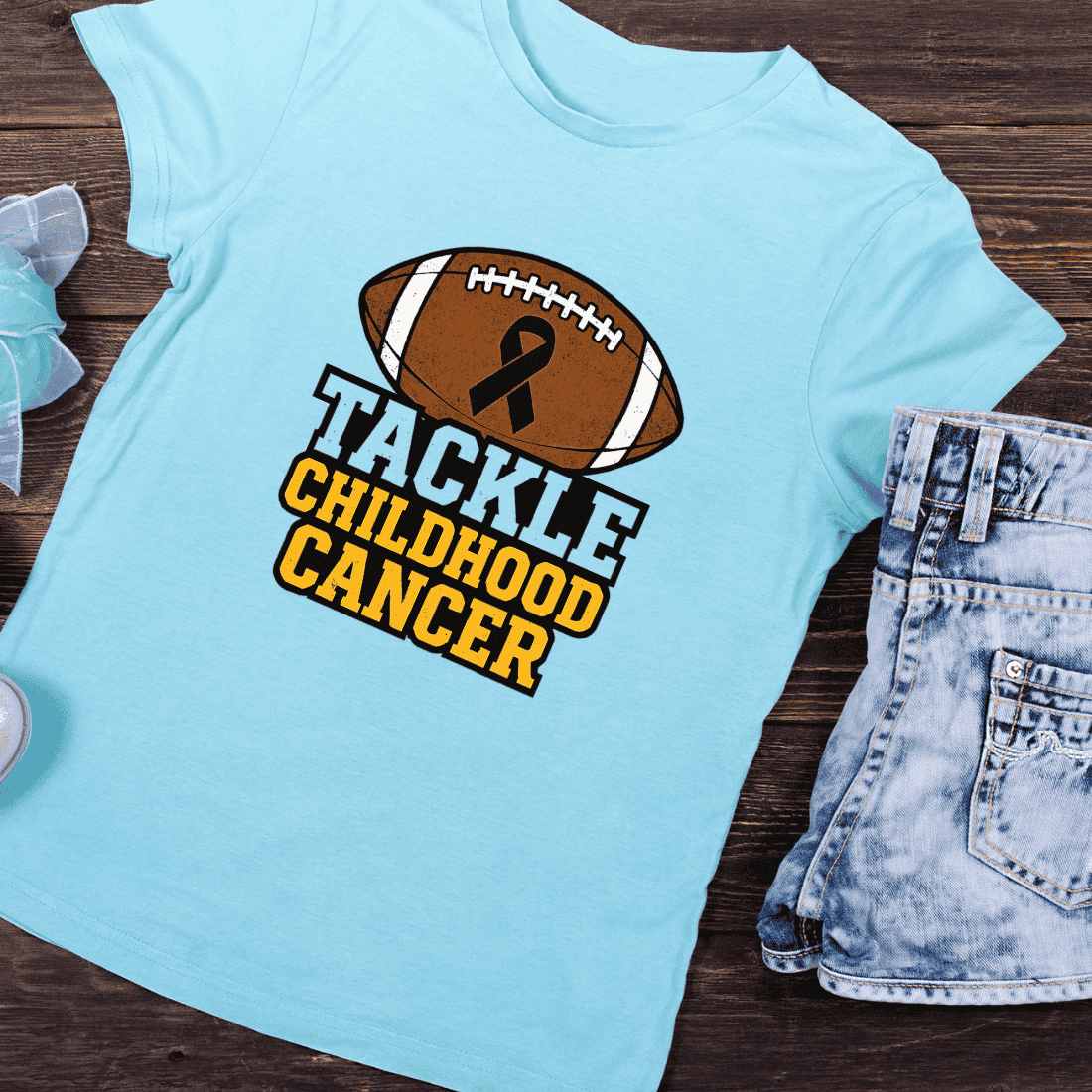 Black Ribbon Football Childhood Cancer T-Shirt Design preview image.