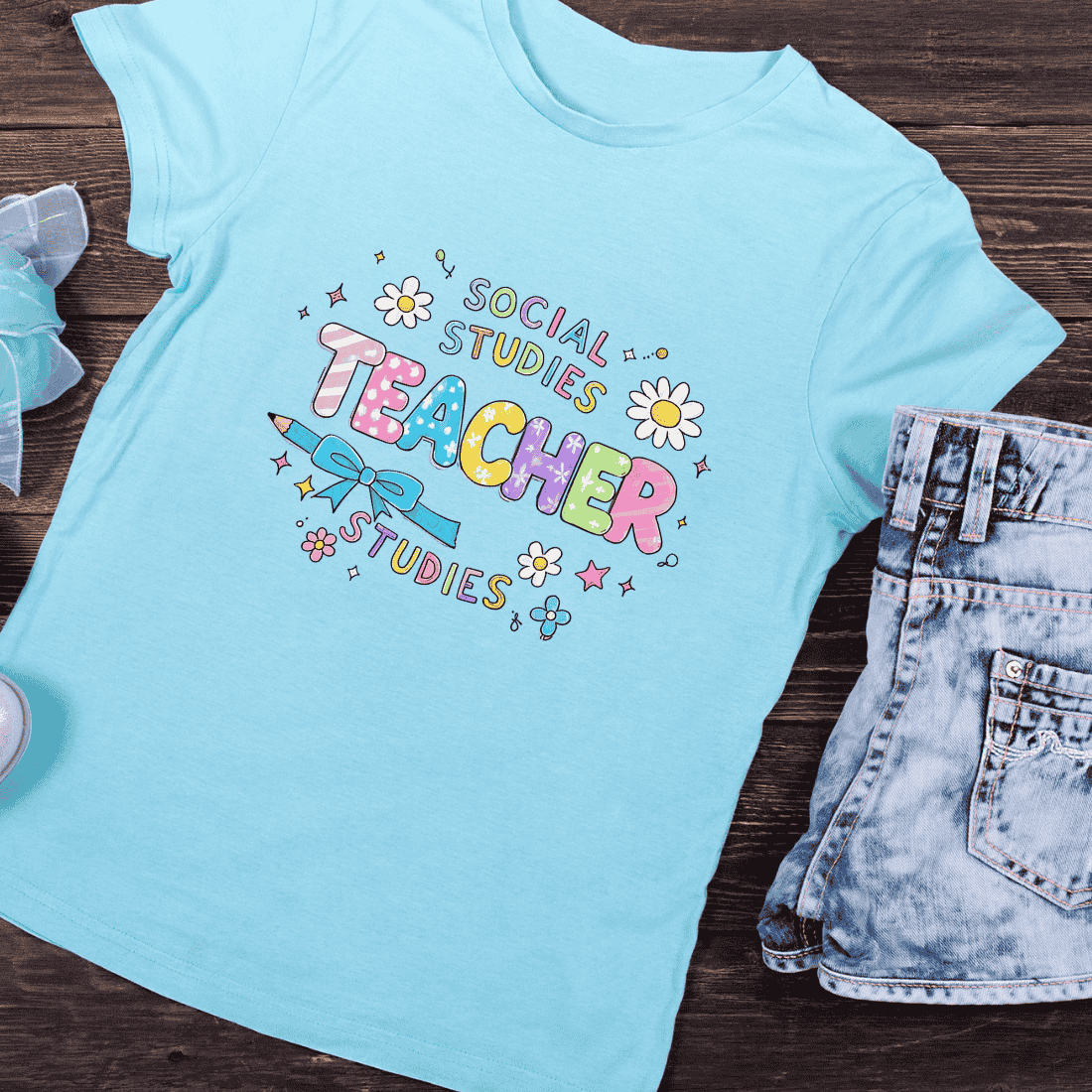 Social Studies Teacher with Pastel Colors and Daisies T-Shirt Design preview image.