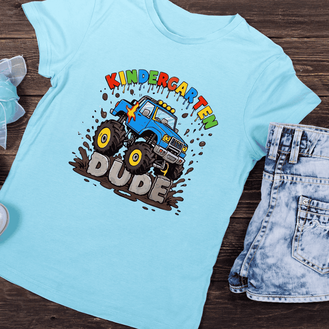 Kindergarten Dude Cartoon Monster Truck Mud Splash T-Shirt Design preview image.
