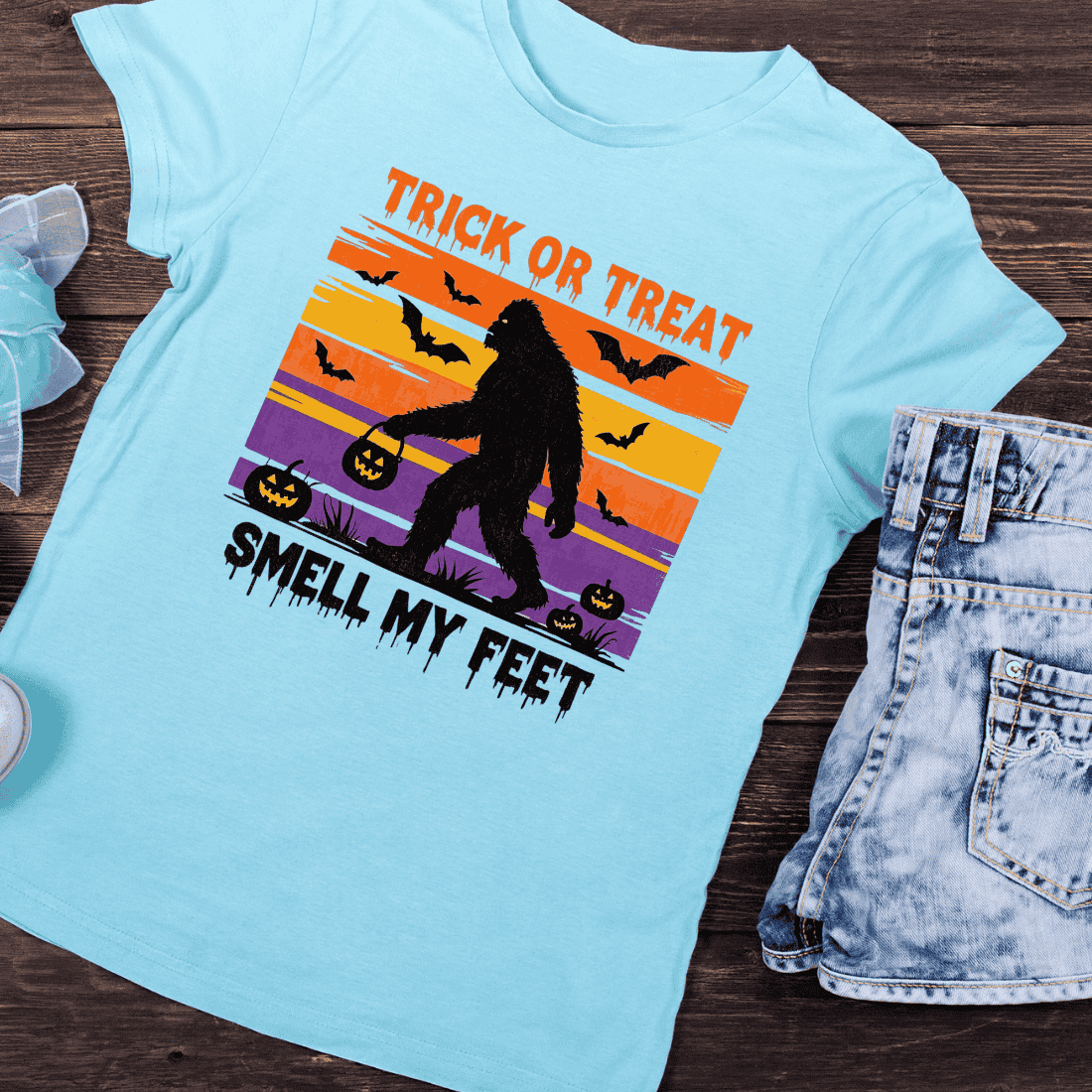 Trick or Treat Smell My Feet Halloween T-Shirt Design preview image.
