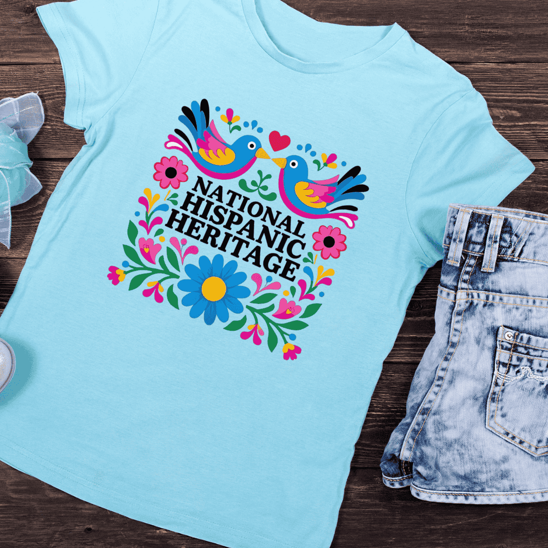 Birds and Flowers Hispanic Heritage Art T-Shirt Design preview image.