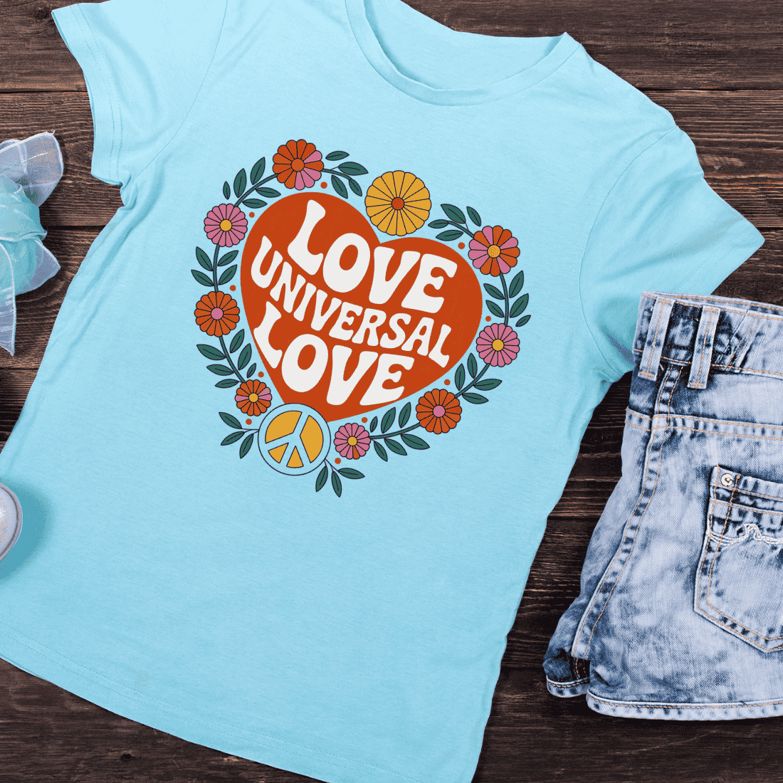 Colorful Floral Heart with Universal Love T-Shirt Design preview image.