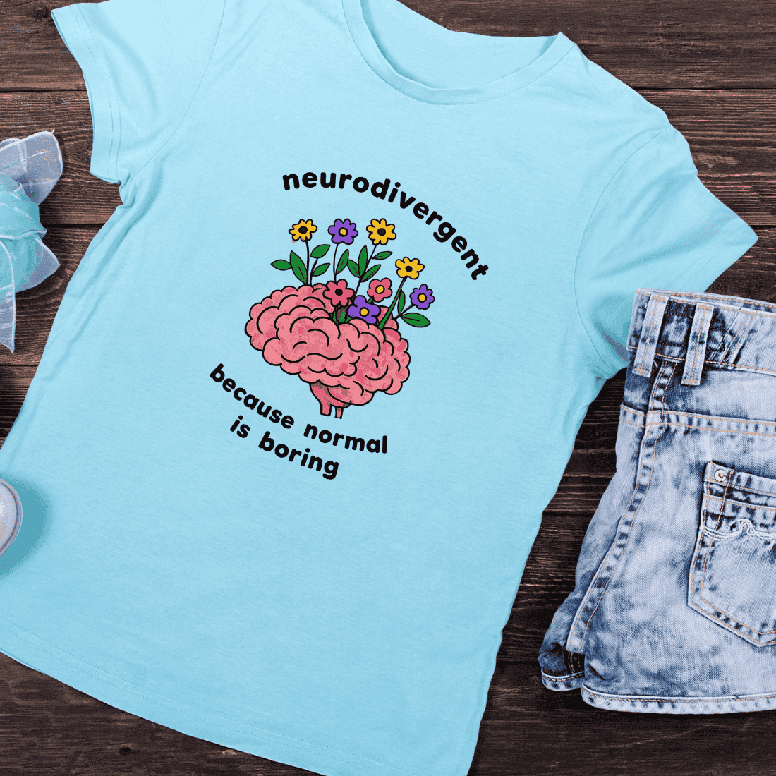 Neurodivergent Brain with Flowers T-Shirt Design preview image.