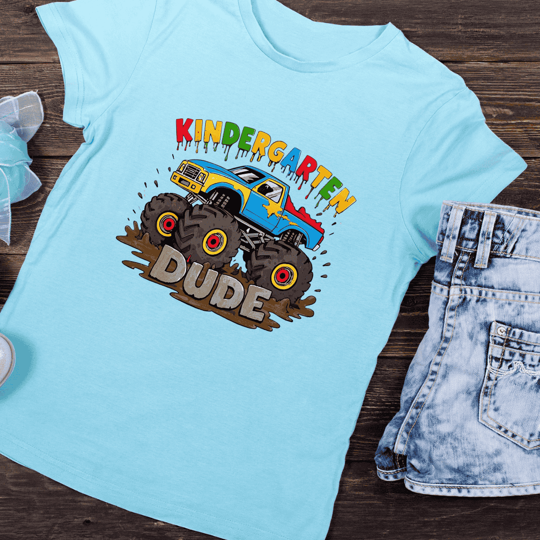 Colorful Monster Truck Kindergarten Dude T-Shirt Design preview image.