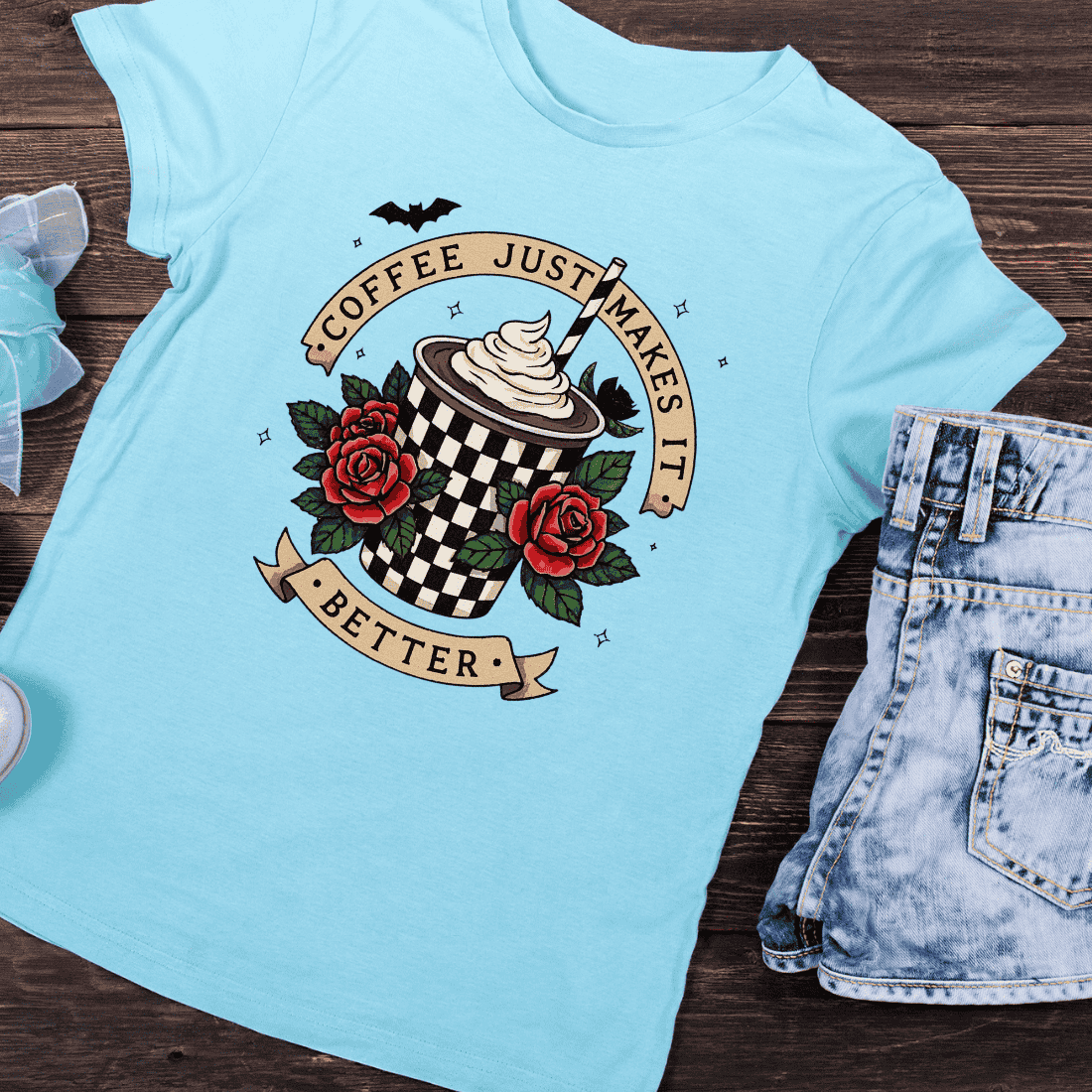 Coffee Just Makes It Better Vintage Cup and Roses T-Shirt Design preview image.
