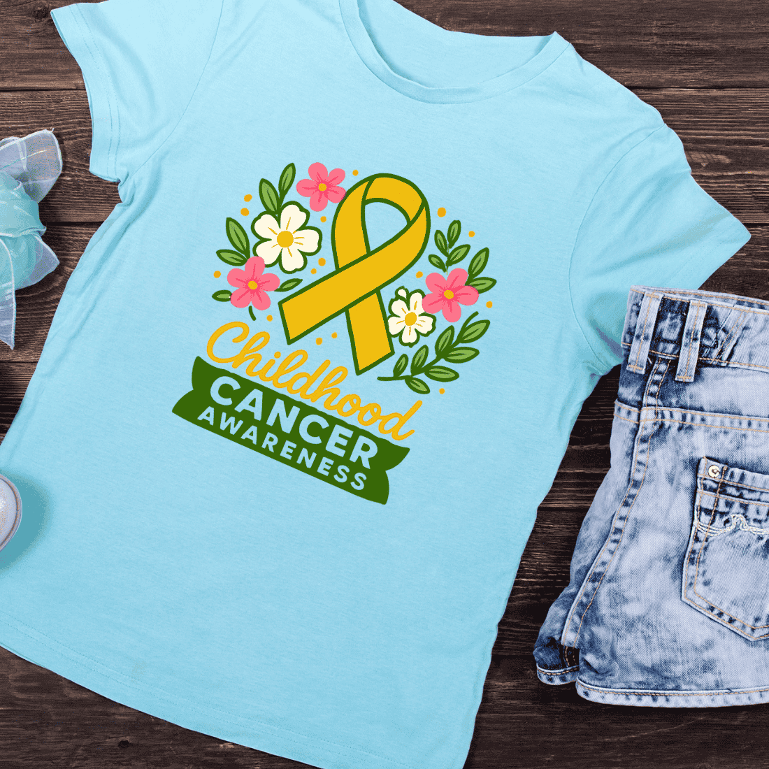 Yellow Ribbon for Childhood Cancer Awareness T-Shirt Design preview image.