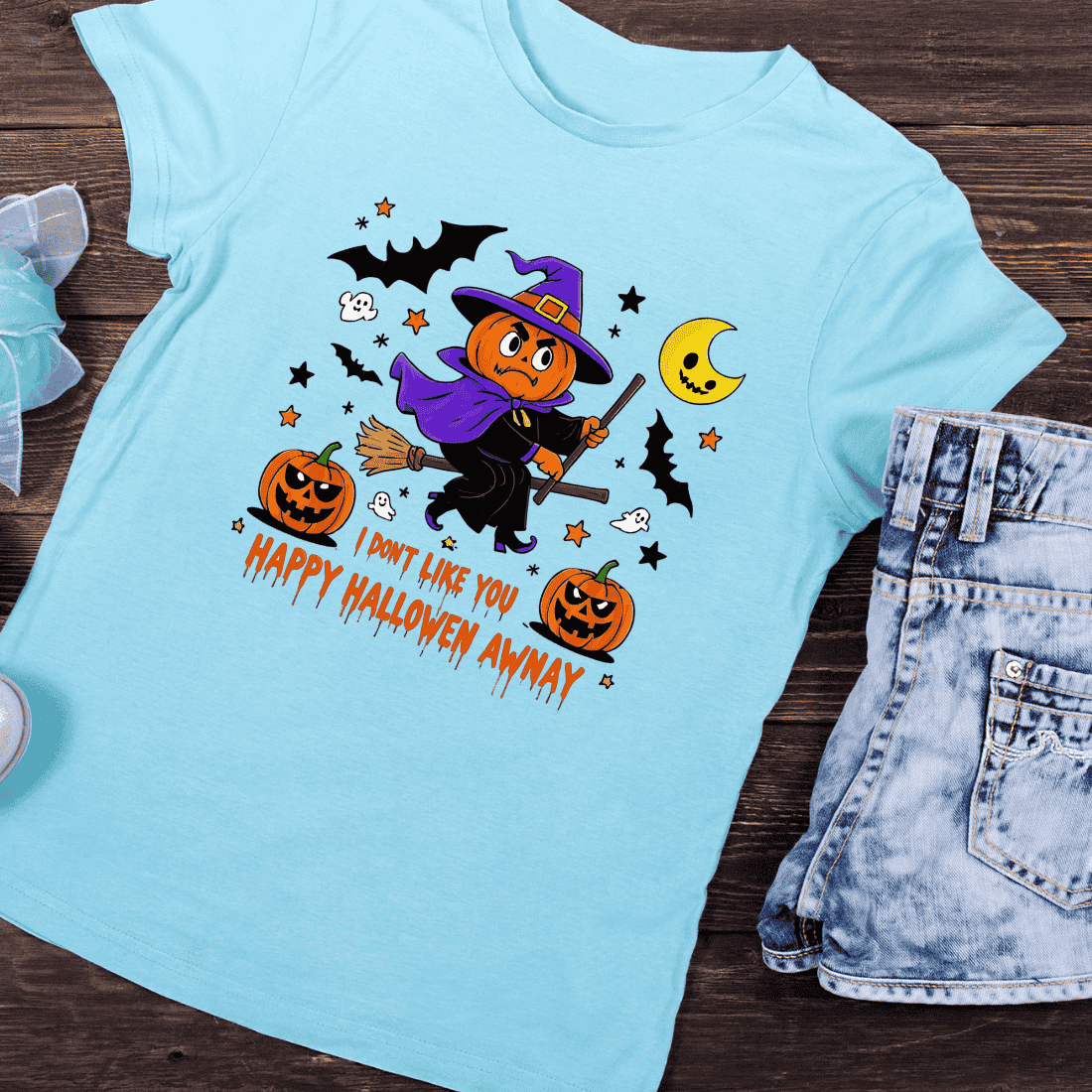 Funny Halloween Witch Pumpkin Head T-Shirt Design preview image.
