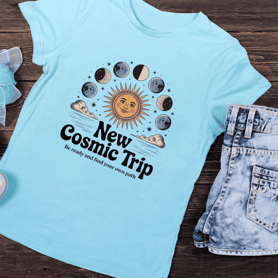 Boho Cosmic Adventure T-Shirt Design preview image.