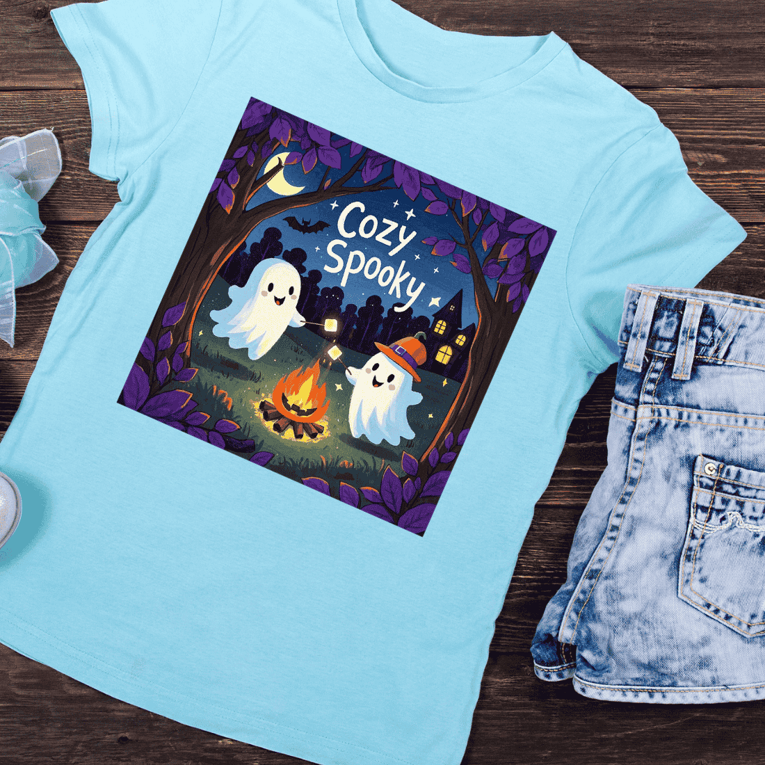 Whimsical Night with Ghosts and Campfire T-Shirt Design preview image.