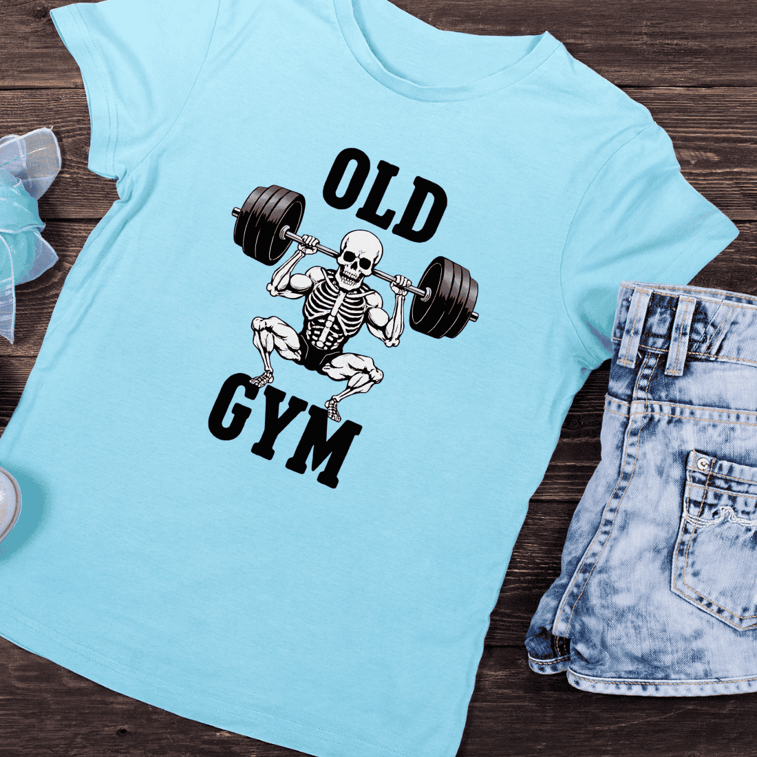 Skeleton Weightlifter Old Gym T-Shirt Design preview image.
