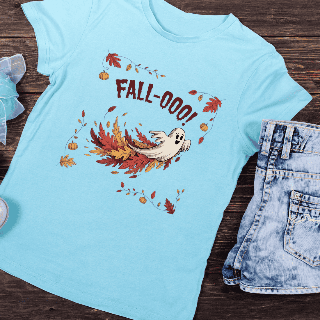 Fall-Ooo! Cute Ghost Autumn Leaves T-Shirt Design preview image.