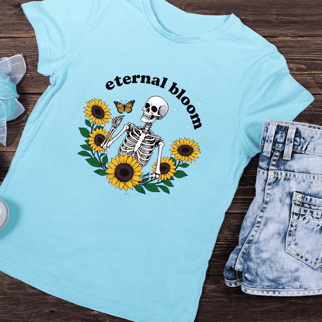 Eternal Bloom Skeleton and Sunflowers Retro T-Shirt Design preview image.