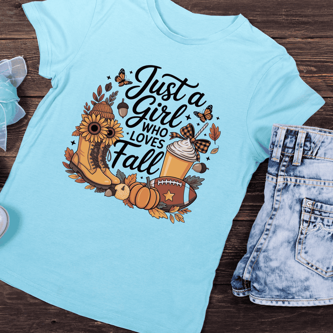 Fall Vibes Girl's Essentials T-Shirt Design preview image.