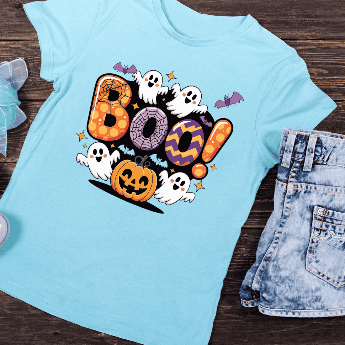 Cute Boo with Ghosts and Pumpkin T-Shirt Design preview image.