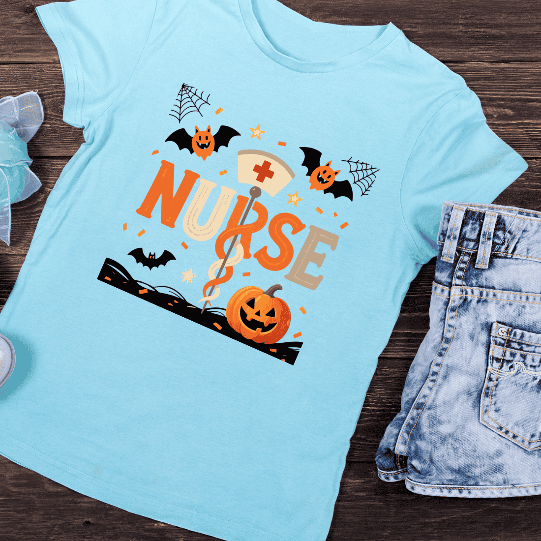Halloween Nurse Bat Pumpkin T-Shirt Design preview image.