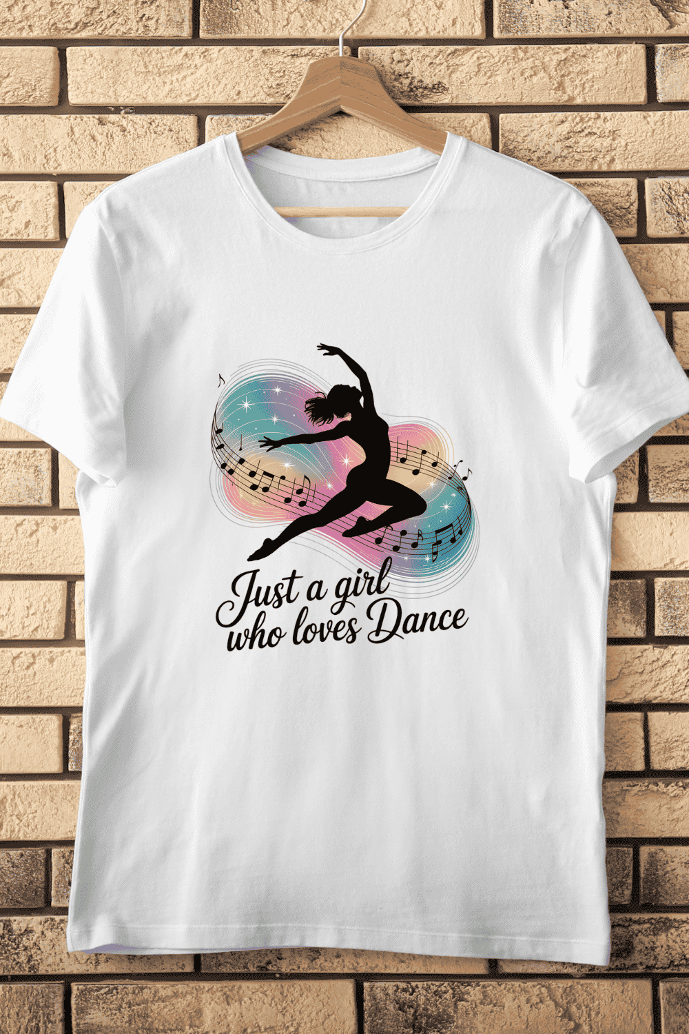 Vibrant Dancer Musical Notes T-Shirt Design pinterest preview image.