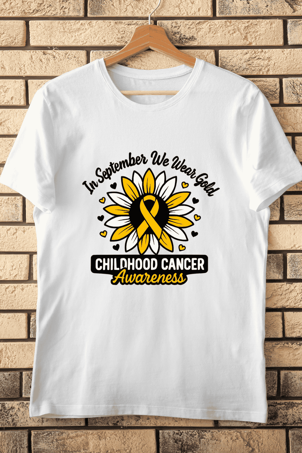 September We Wear Gold With Sunflower T-Shirt Design pinterest preview image.
