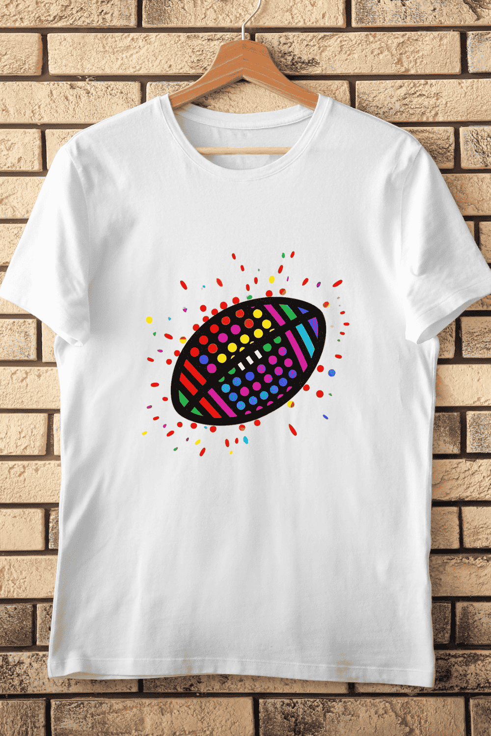Geometric Striped and Dotted Football T-Shirt Design pinterest preview image.