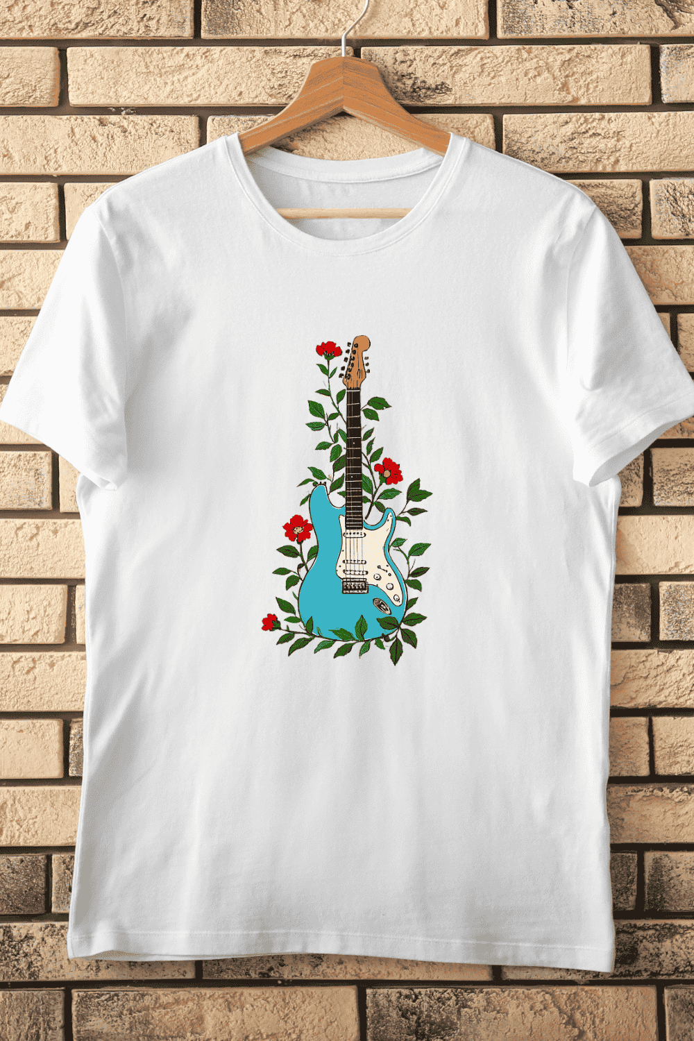 Blue Guitar with Red Flowers T-Shirt Design pinterest preview image.