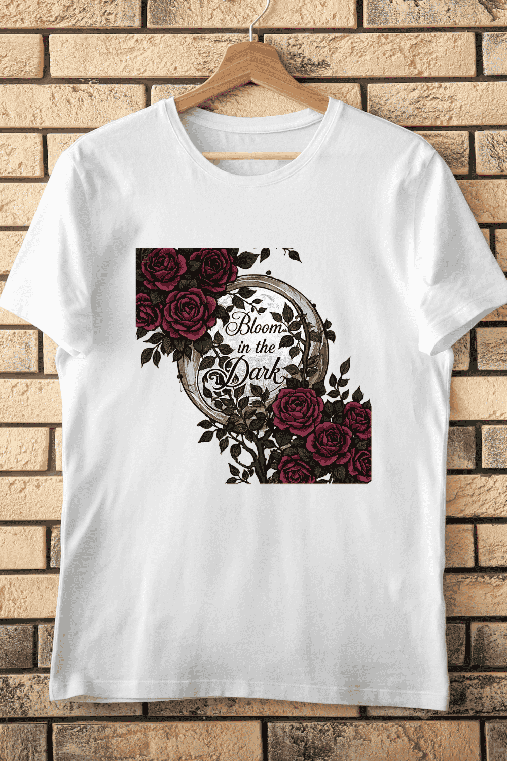 Bloom in the Dark Red Roses and Full Moon T-Shirt Design pinterest preview image.
