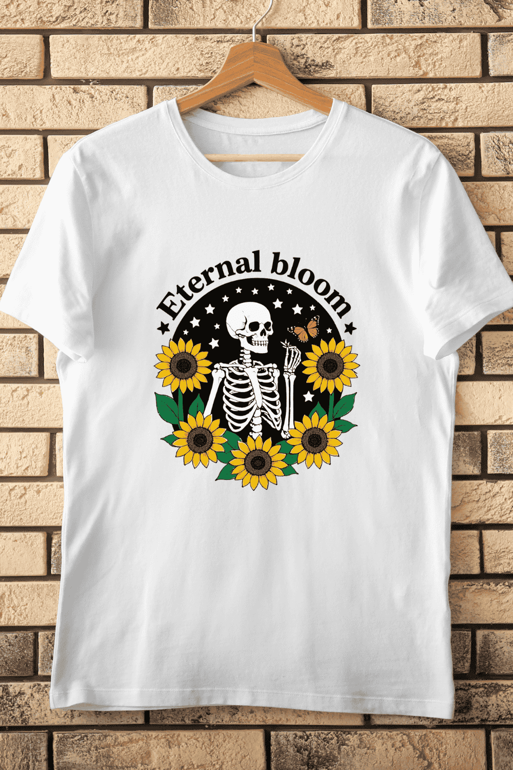 Skeleton with Sunflowers and Butterfly T-Shirt Design pinterest preview image.