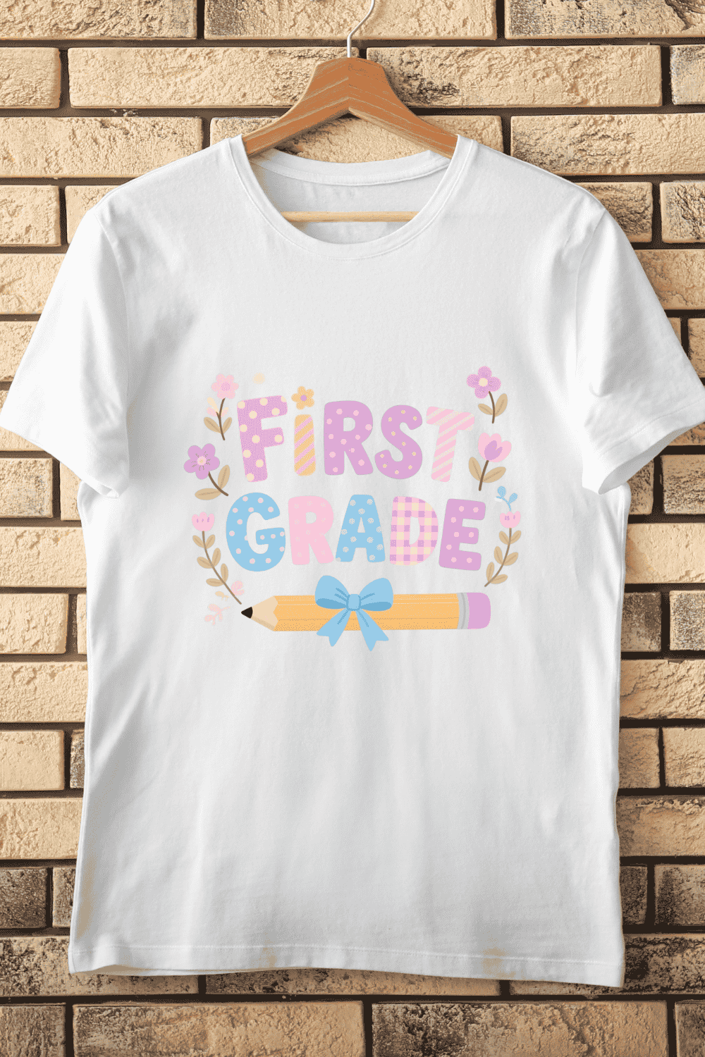 Floral and Pencil First Grade T-Shirt Design pinterest preview image.