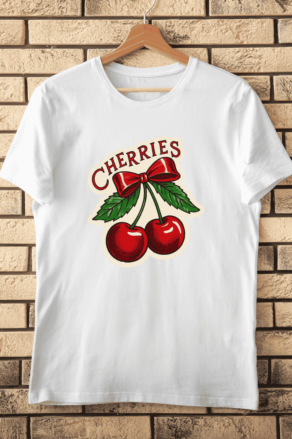 Vintage Cherries with Red Bow and Leaves T-Shirt Design pinterest preview image.