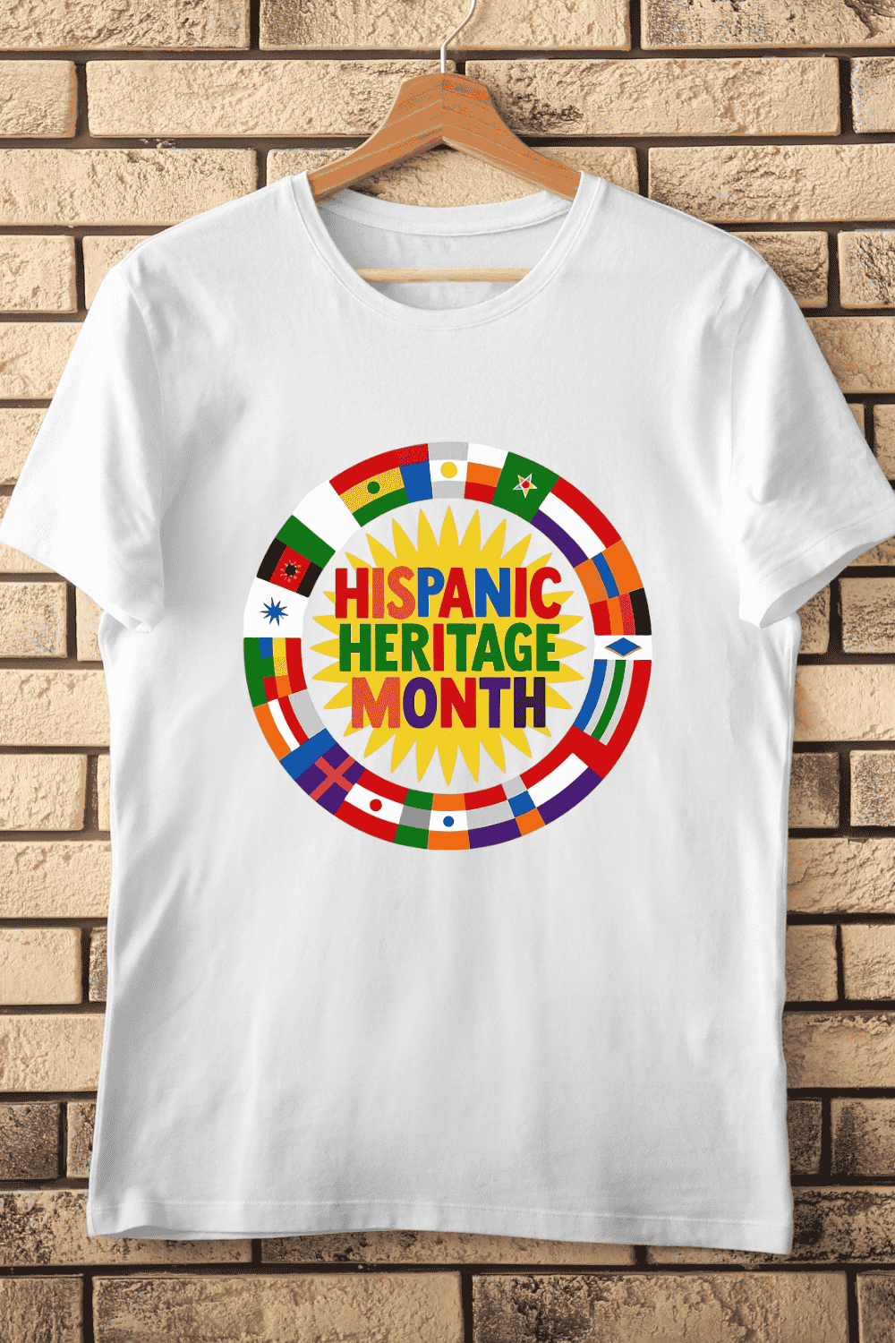 Hispanic Heritage Month Sunburst Flags T-Shirt Design pinterest preview image.