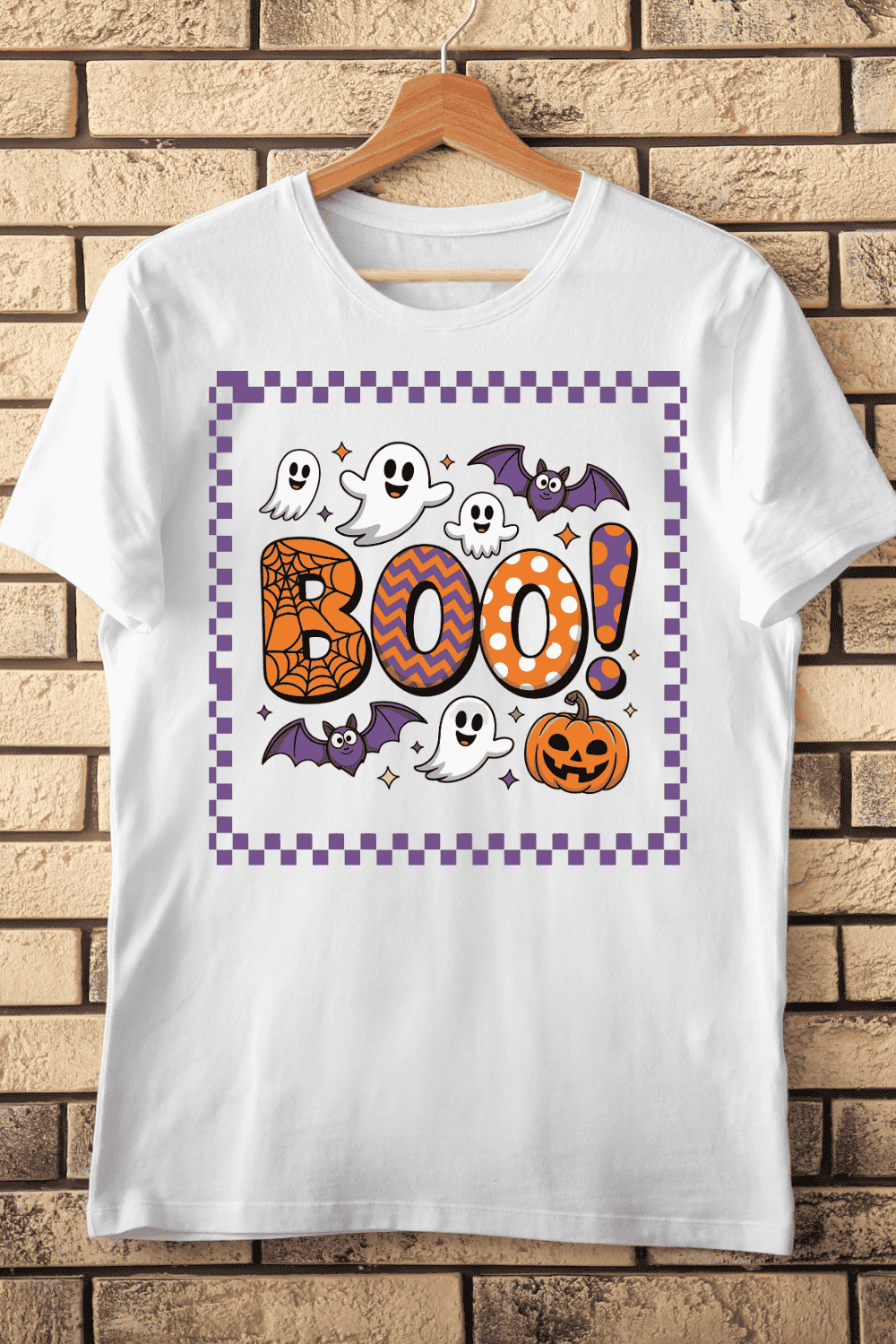 Boo! with Ghosts Bats and Jack-o’-Lantern T-Shirt Design pinterest preview image.