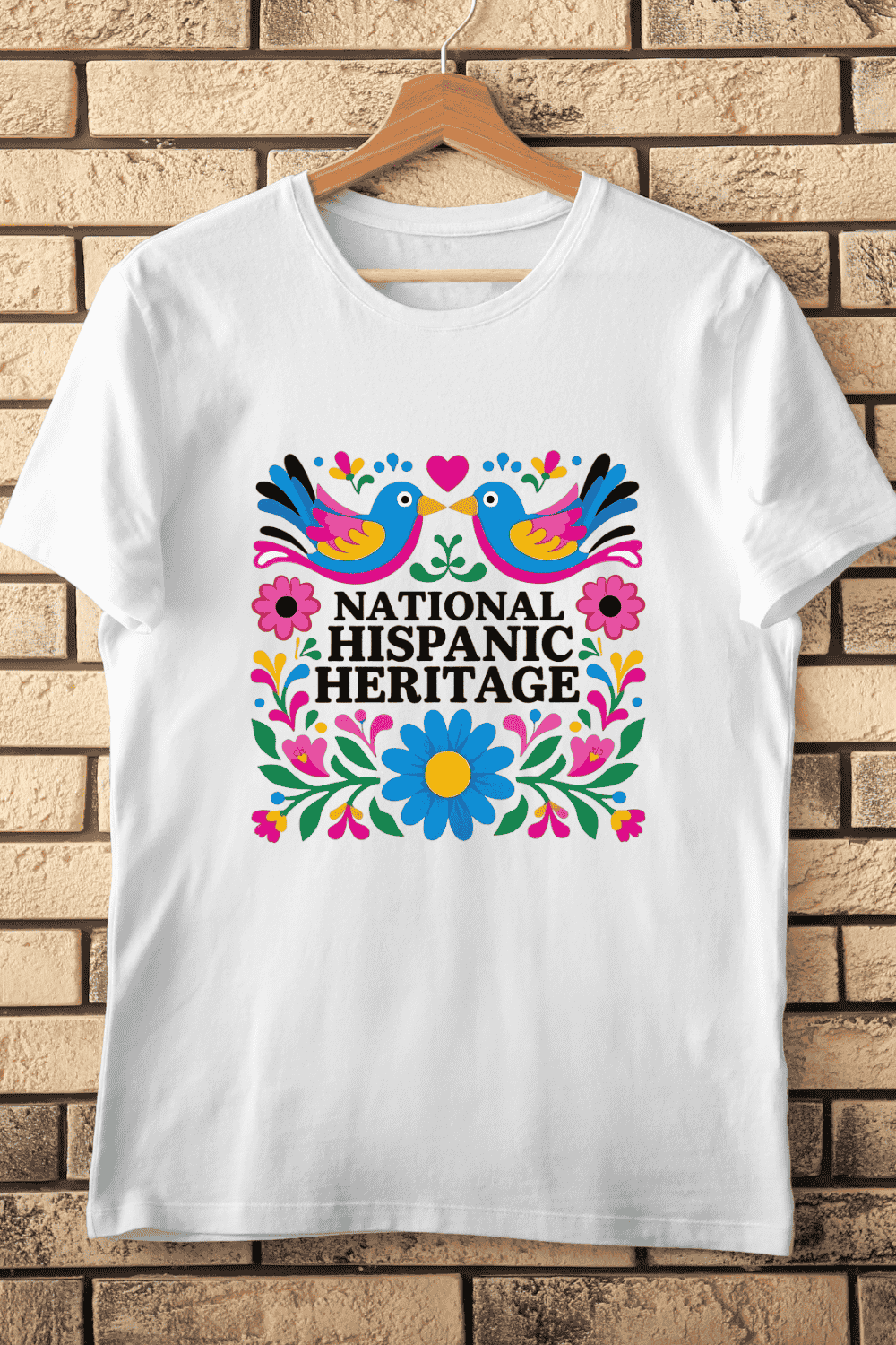 Birds and Flowers Hispanic Heritage Art T-Shirt Design pinterest preview image.
