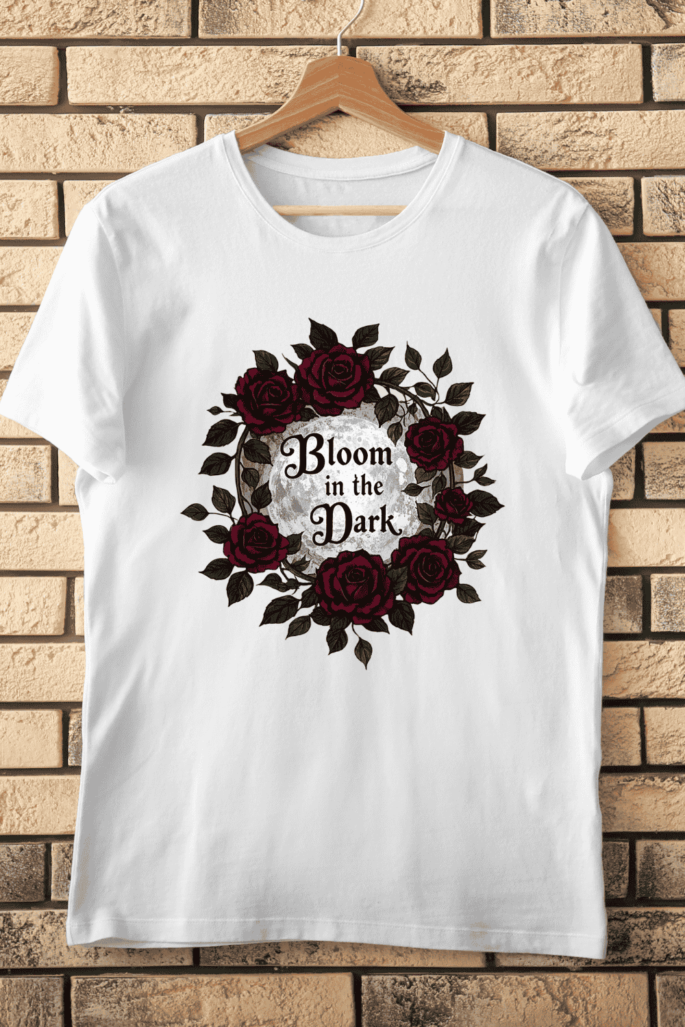 Bloom in the Dark Night Roses and Moon T-Shirt Design pinterest preview image.