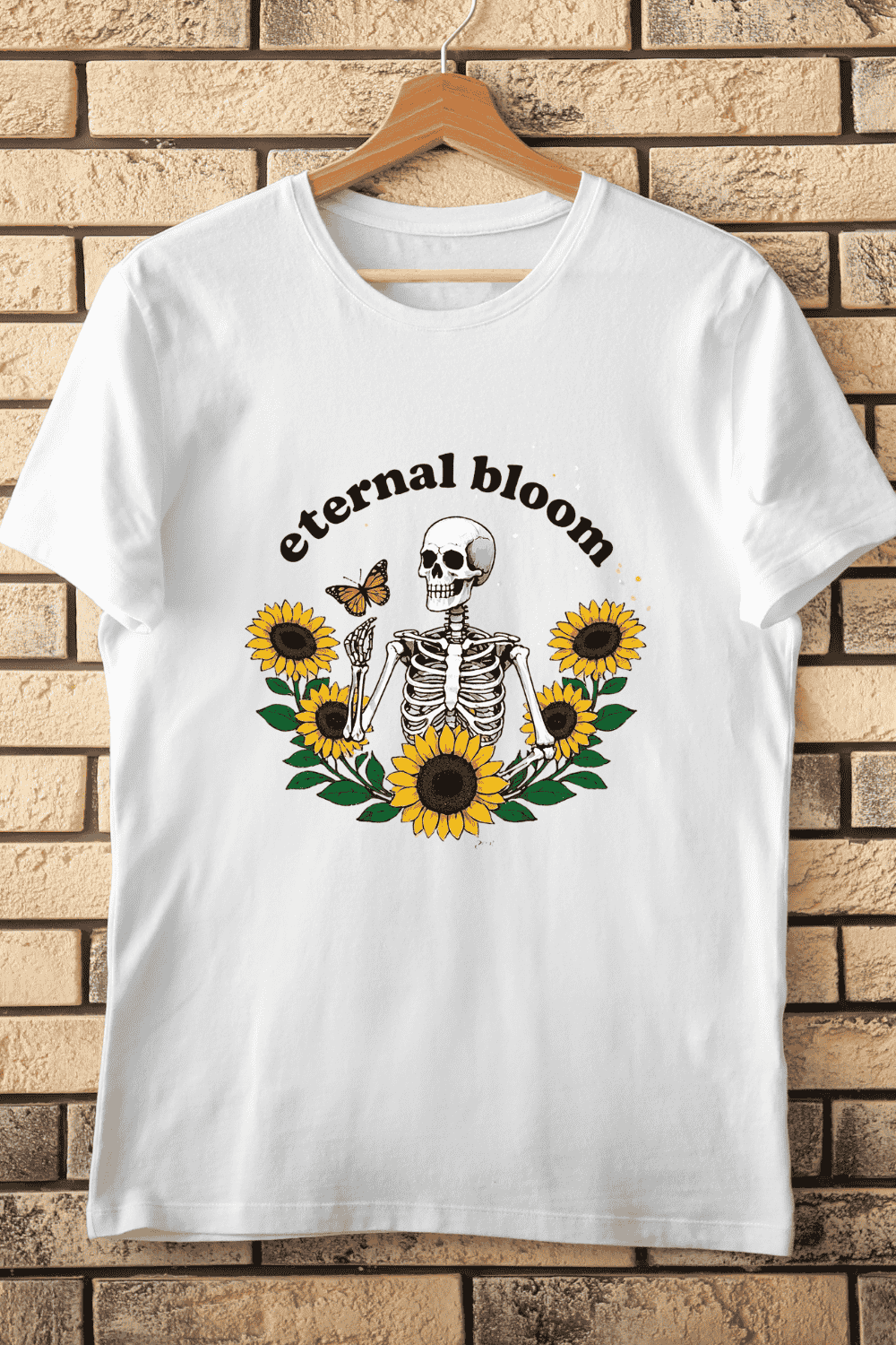 Eternal Bloom Skeleton and Sunflowers Retro T-Shirt Design pinterest preview image.