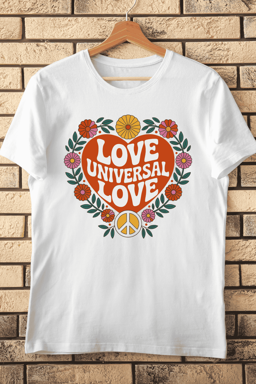 Colorful Floral Heart with Universal Love T-Shirt Design pinterest preview image.