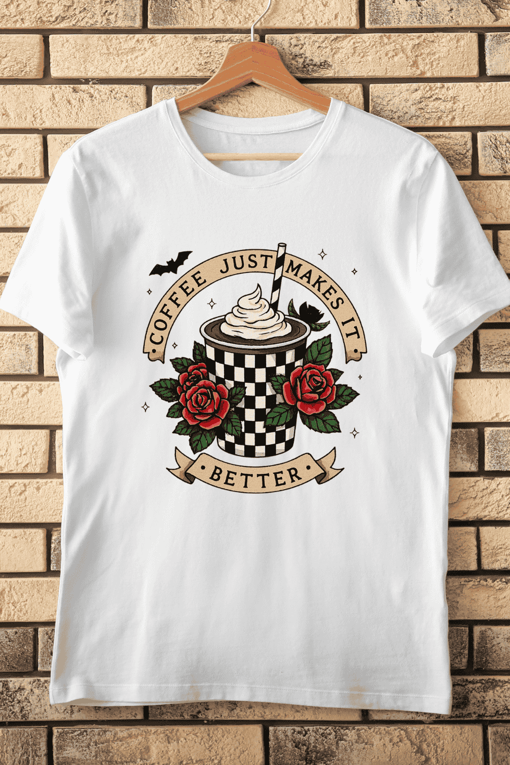 Coffee Just Makes It Better Vintage Cup and Roses T-Shirt Design pinterest preview image.