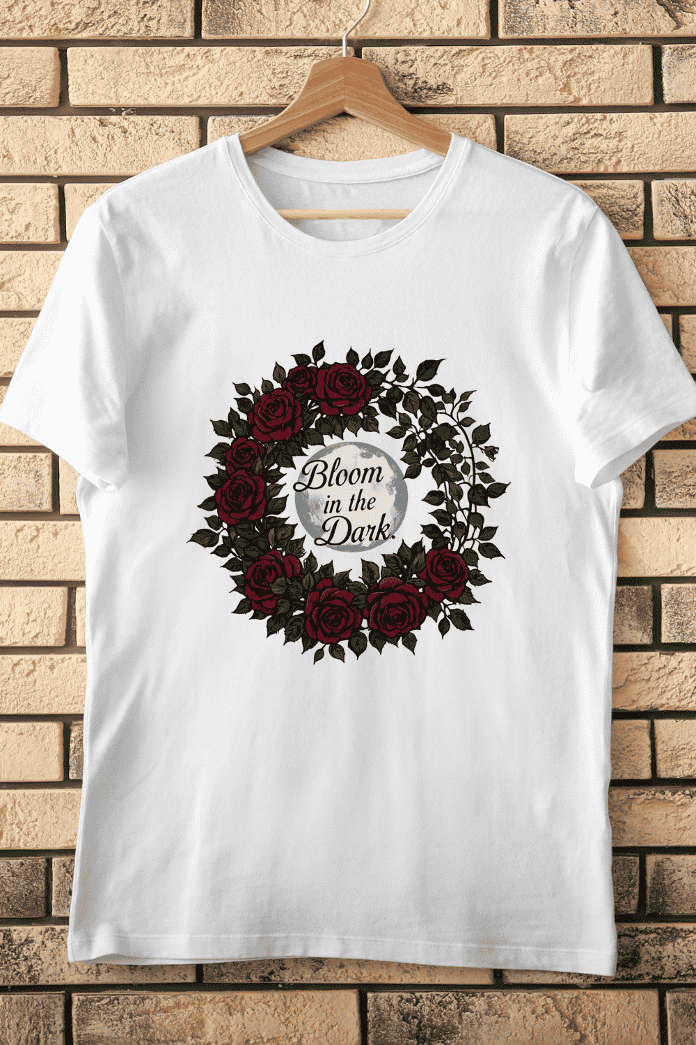 Bloom in the Dark Moon and Roses Gothic Floral T-Shirt Design pinterest preview image.