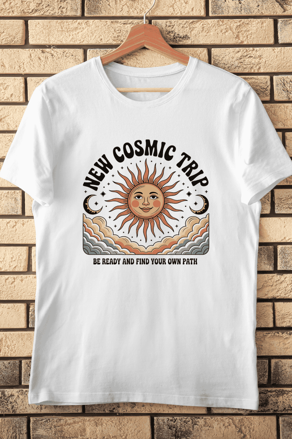 Vintage Celestial Journey T-Shirt Design pinterest preview image.