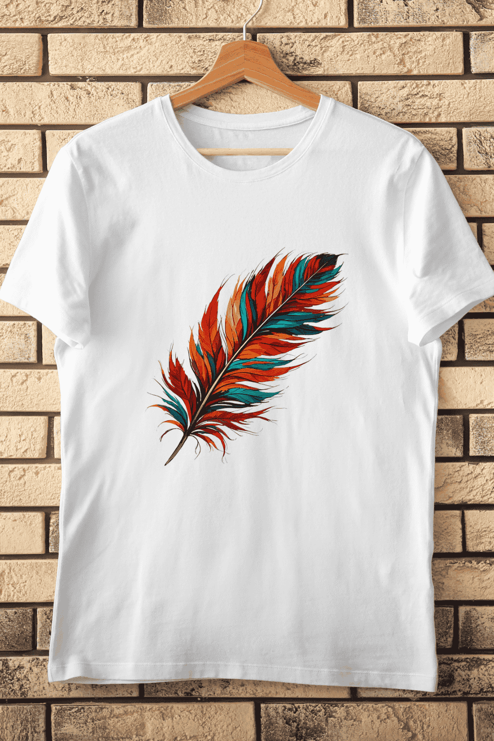 Vibrant Colorful Feather T-Shirt Design pinterest preview image.