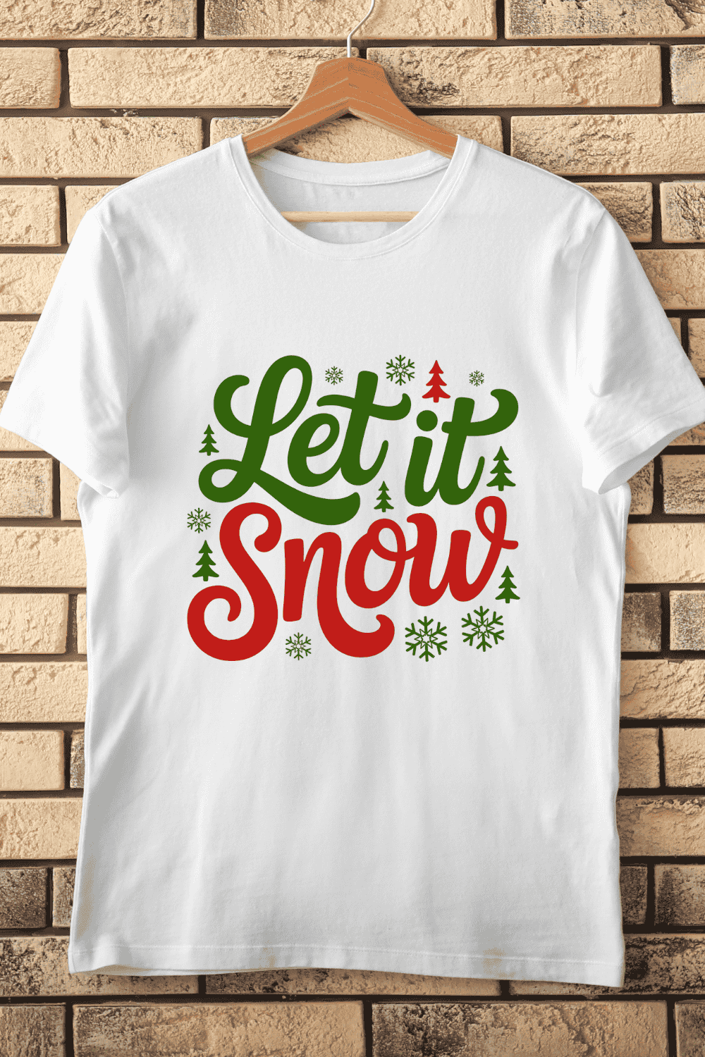 Let It Snow Lettering with Snowflakes and Trees T-Shirt Design pinterest preview image.