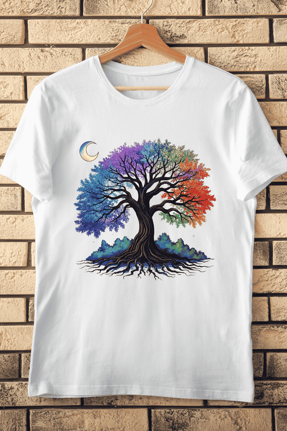 Fantasy Tree with Moon T-Shirt Design pinterest preview image.
