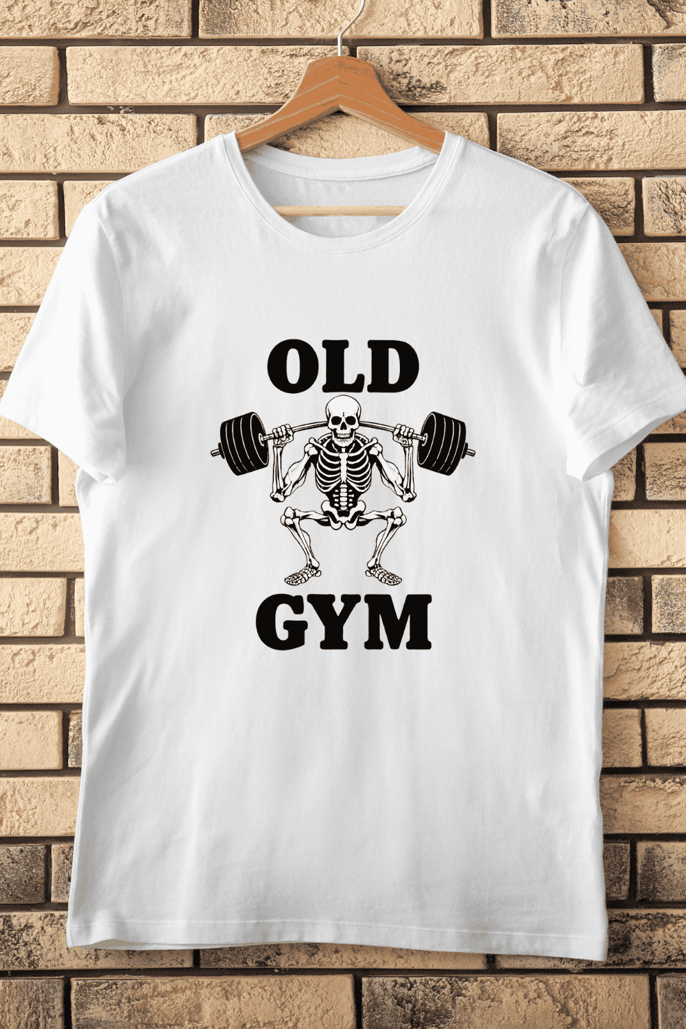 Vintage Fitness Skeleton Barbell T-Shirt Design pinterest preview image.