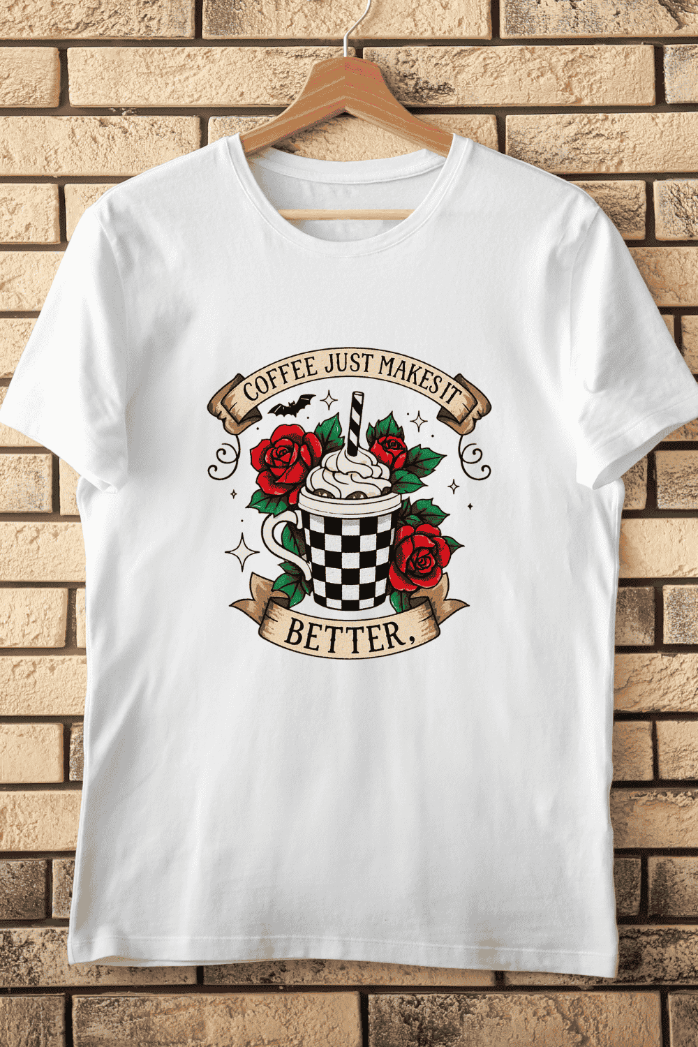 Coffee Cup with Roses and Banner Typography T-Shirt Design pinterest preview image.