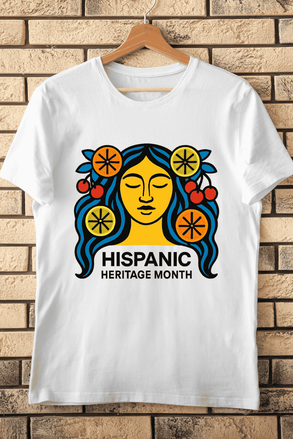 Hispanic Heritage Month Woman with Fruit T-Shirt Design pinterest preview image.