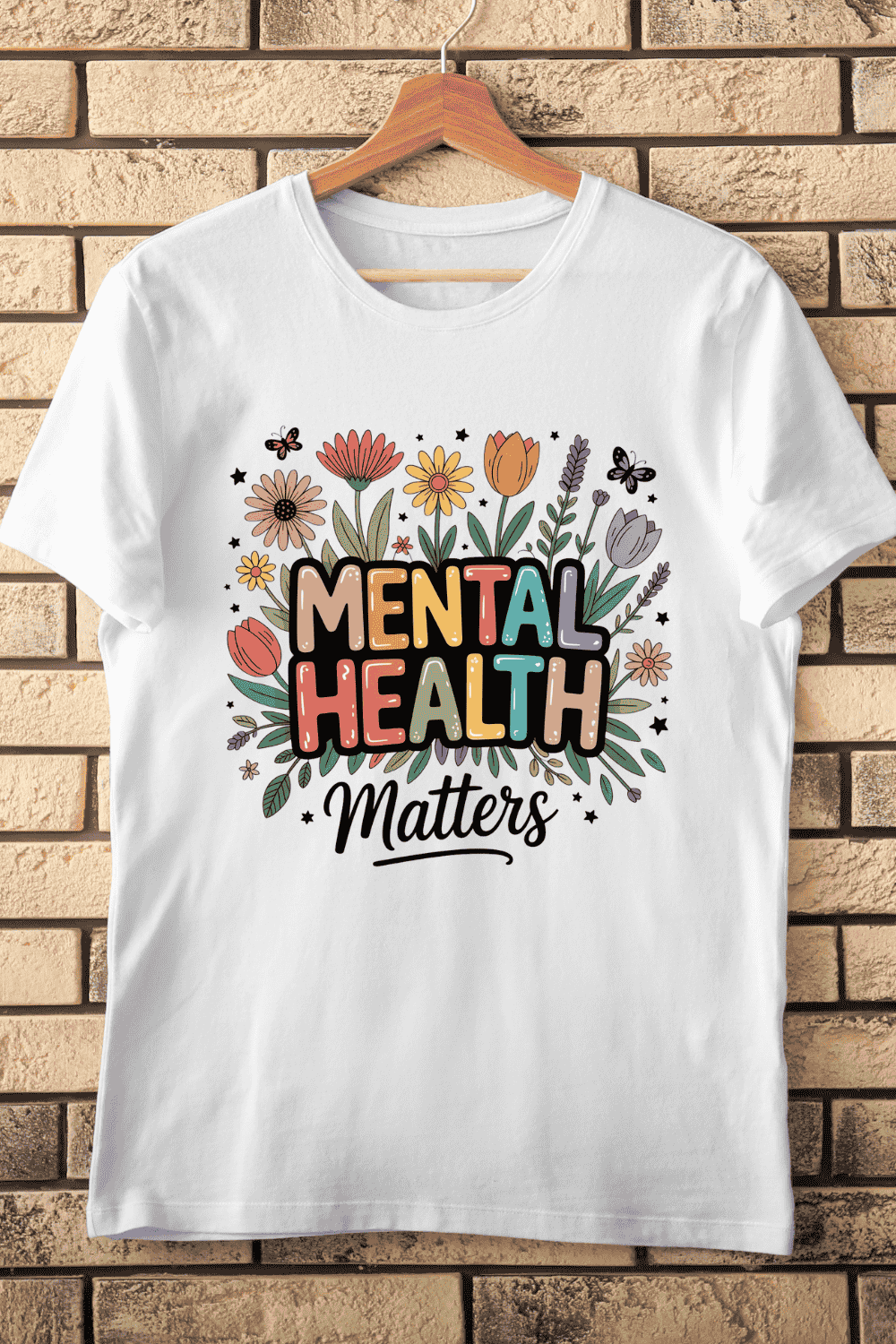 Mental Health Matters Colorful Floral Typography T-Shirt Design pinterest preview image.