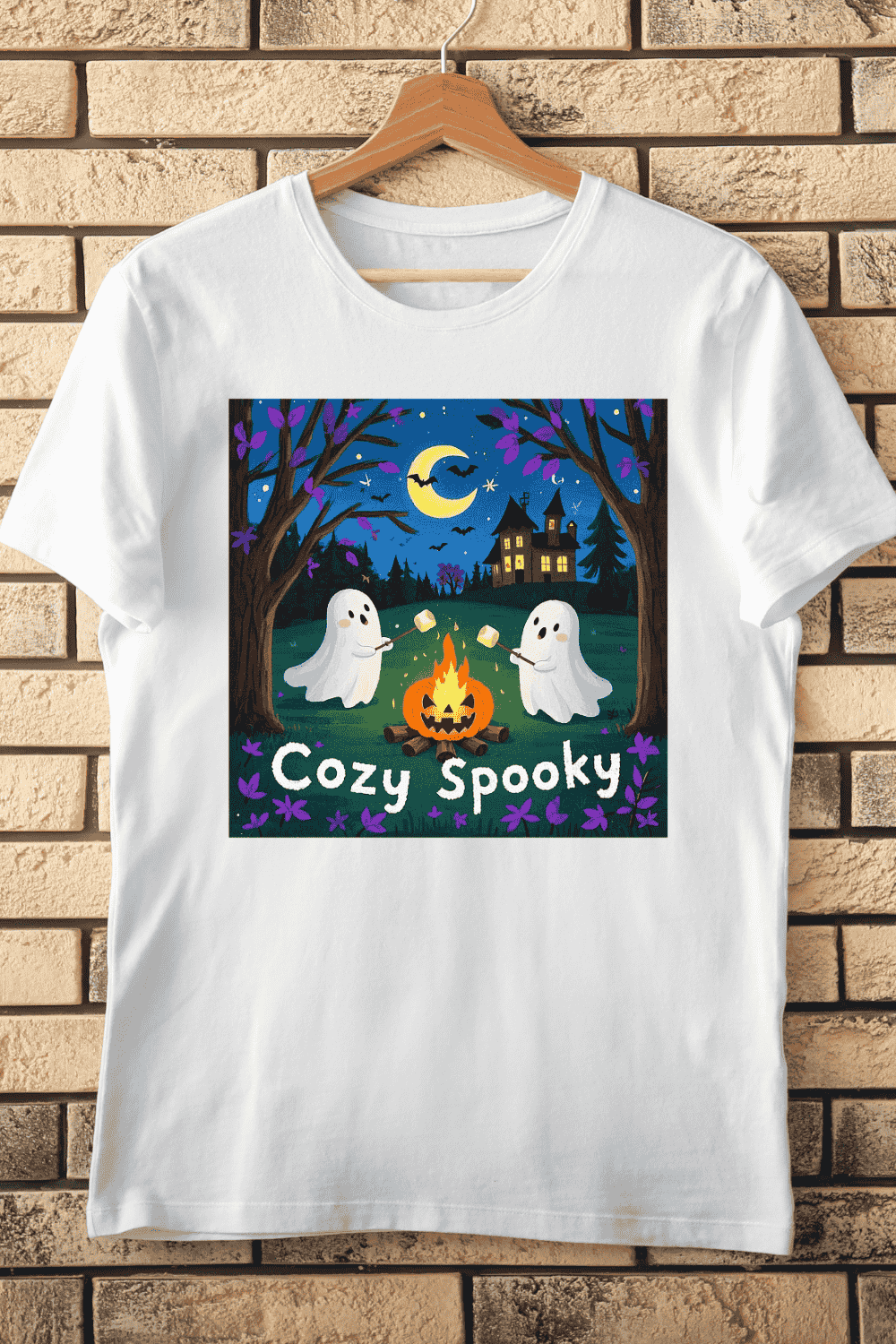 Adorable Ghost Campfire Scene T-Shirt Design pinterest preview image.
